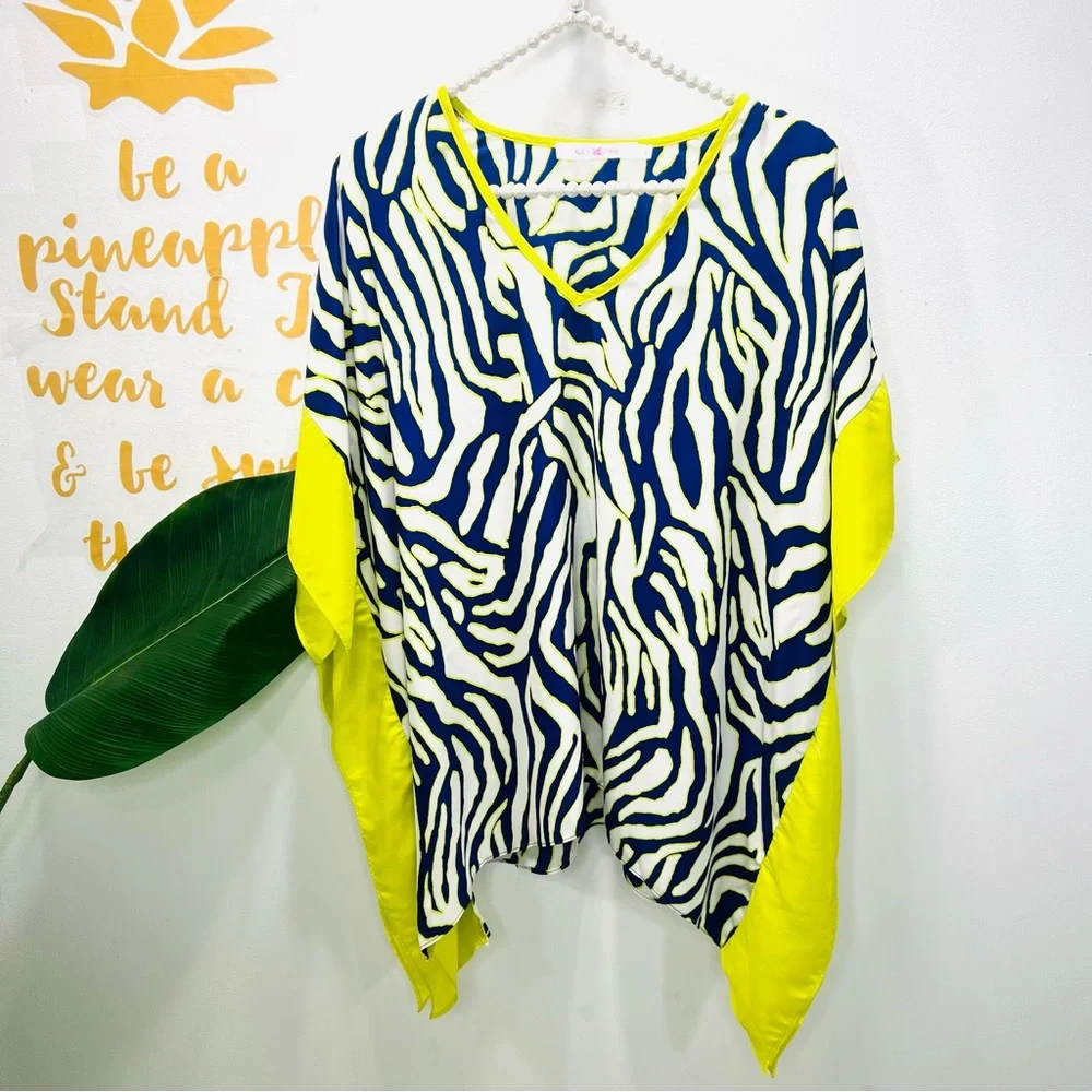 ALICE & TRIXIE Silk Neon Yellow Blue Short Sleeve Tunic Blouse Top Size … - Picture 2 of 11